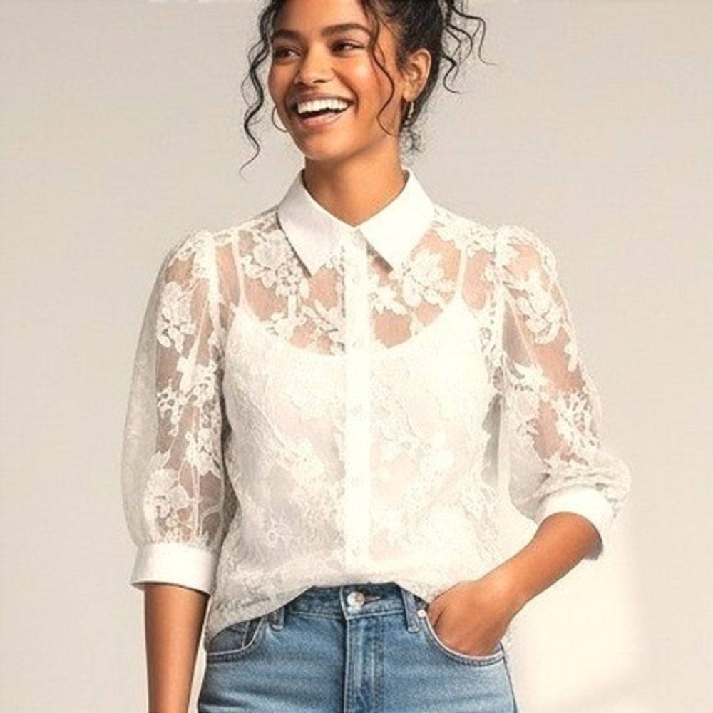 Vintage Haute Monde Ivory Flora Organza Puff Sleeve Sheer Button Down Blouse L